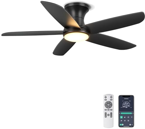 Ohniyou 117 cm Ventilador de Techo con Luz, Aplicación y Mando a Distancia, Luz Ajustable, Motor DC Silencioso, Ventiladores de Techo Interiores para Dormitorio Sala de Estar Cocina, Negro