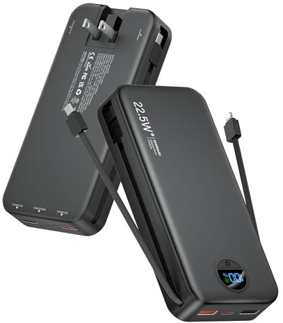 citicr Portable Charger 20000mAh PD20W w/Built-in Cables & Wall Plug Black