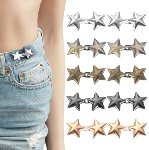 Juego de 10 clips para pantalones con botones de estrella para jeans sueltos, clips reutilizables para apretar la cintura, clips de metal ajustables con estrellas para ropa, vestidos, faldas