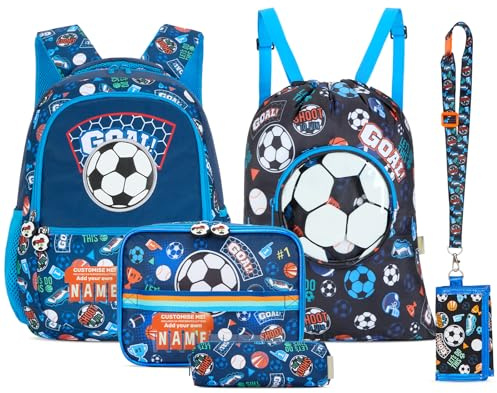 Tanou Schulrucksack Jungen 1.-3. Klasse, Set 5-teilig Rucksack Grundschule Leicht, Fußball-Design Mode Ranzen Kinder Schultaschen-sets für Jungs, 18 Liter