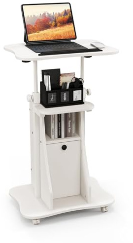 FANTASK Laptop Podium auf Rollen, Mobiler Stehpult, höhenverstellbarer Rednerpult mit neigbarer Tischplatte & Schrank für Heimbüro, Schwarz, Weiß