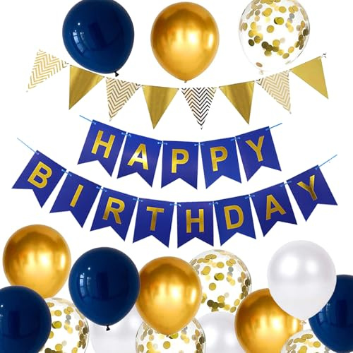 YELYAN Happy Birthday Bunting Banner Balloons, Navy Blue & Gold Birthday Decoration, Includes Banner, Bunting, Balloons & Ribbon