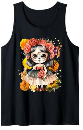 Dia de Los Muertos Muñeca Doll Floral Catrina Mexicana Camiseta sin Mangas