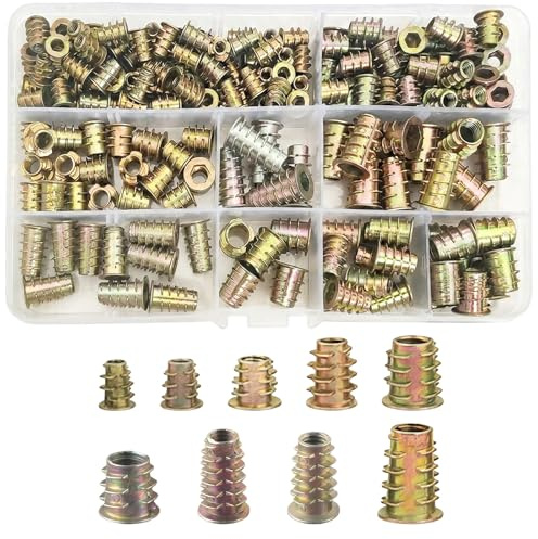 180PCS Threaded Inserts for Wood Assortment Kit, M4 M5 M6 M8 Zinc Alloy Hex Drive Insert Nuts for Furniture & Carpentry,Easy Installation,9 Sizes