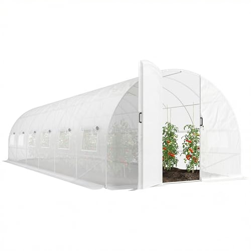 Outsunny Serre Tunnel de Jardin 24m² avec Portes PE 295x798x199cm Blanc | Serre de Jardin Tunnel, 12 Fenêtres avec Moustiquaires, Haute Densité 140 g/m², Prolongée de 20 cm, pour Extérieur