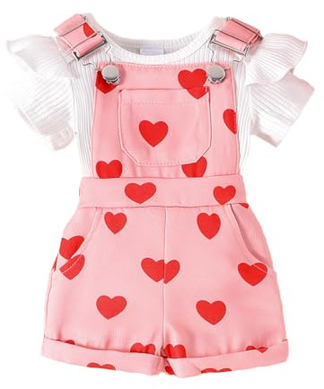 JENJON Completo Salopette Corta per Bambina Vestiti Set Top a Coste a Maniche Corte Con Volant + Pantaloncini Con Bretelle Regolabili 2 Pezzi Estivo Abiti Set Cuore rosa 18-24 Mesi