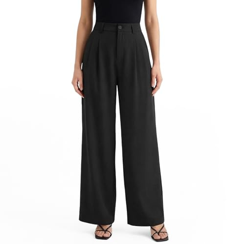 Supcomsta Womens Wide Leg Trousers High Waisted Work Pants, Elastic Waist Business Casual Pants Waffle Texture Loose Fit Trousers with Pockets
