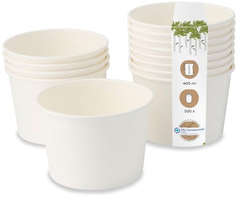 BIOZOYG Coppette Monouso Universali Ecologiche di Cartone per Gelati, Dessert, Finger Food, Antipasti, Snack I 500 Coppe Alimentari bianche senza stampa 400ml / 16oz I Vaschette rotonde compostabili
