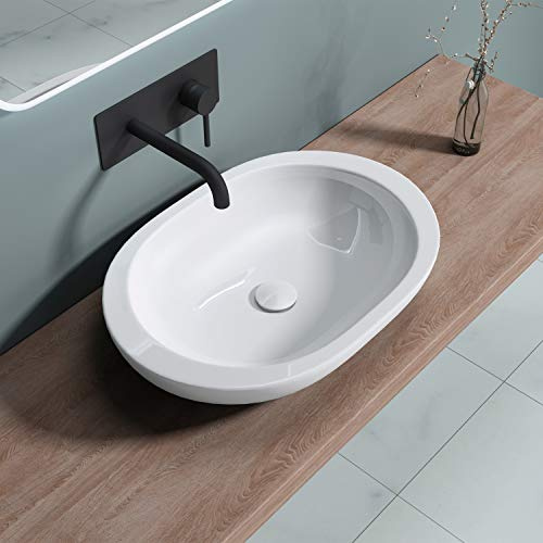Durovin Bathrooms Ceramic Bathroom Basin - Countertop Sink Vessel - Oval Washing Bowl Flat Rim (590 x 400 x 115mm)