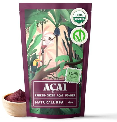 NaturaleBio Organic Acai Berries Powder - Freeze-Dried - 100g. Brazilian Acai, Lyophilised, Raw. Extract from Açai Berry Pulp. Vegan & Vegetarian Friendly