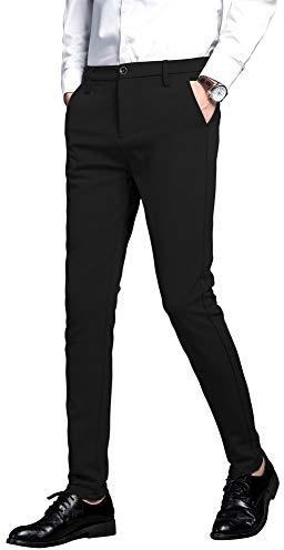 Plaid&Plain Men's Stretch Dress Pants Slim Fit Skinny Suit Pants 7101 Black 29W30L