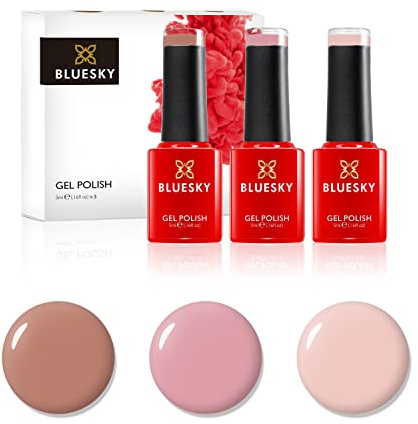 Bluesky Gel Nail Polish Set, Natural Nudes, Cocoa 80514, Soft Pink A055, Pink Pursuit 80623, 3 x 5 ml, Nude, Pink, Brown, Tan (Requires Curing Under UV or LED Lamp)