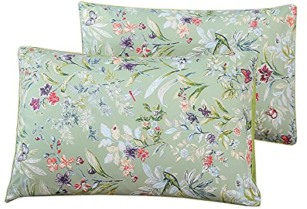 Styho 100% Egyptian Cotton Floral Printed Pillow Cases 2 Pack Standard Size Pillow Cover for Hair and Skin(Grass green,50 x 75cm)