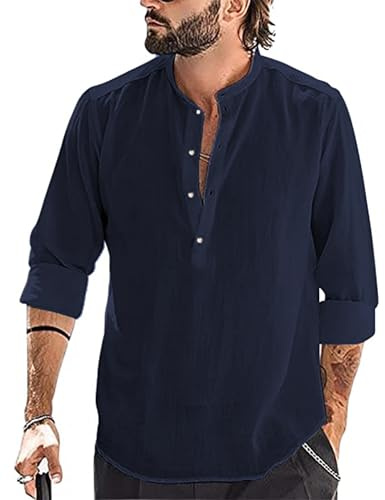 YAOBAOLE Chemise à Manches Longues pour Homme - en Coton et Lin - pour Les Loisirs, Marine 01., XXXL