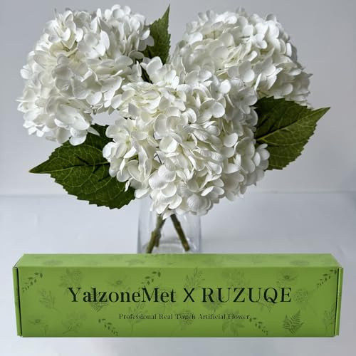 YalzoneMet 3 PCS White Hydrangea Artificial Flowers 21 inchs Real Touch Faux Hydrangea Flowers for Wedding Tables Centerpieces Fake Flowers for Party Home Kitchen Decor