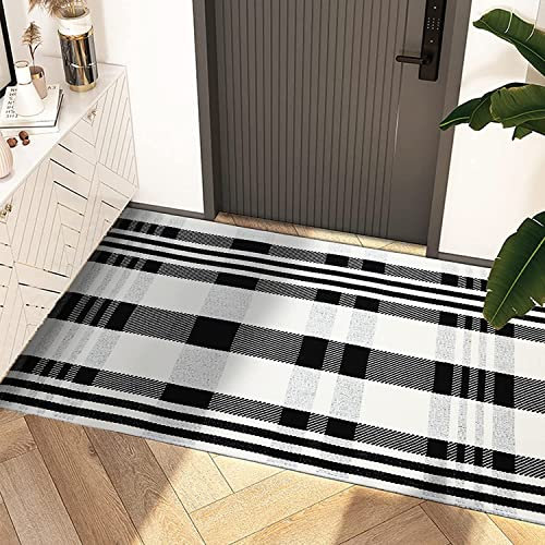 Schwarz und Weiß gestreifter Outdoor-Teppich, Veranda-Teppich, 71.1x109.2 cm, Baumwolle, handgewebt, Willkommensmatten, geschichtete Fußmatten für Veranda, Eingangsbereich, Schlafzimmer, Outdoor