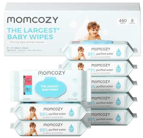 Momcozy Lot de 8 paquets de lingettes nettoyantes pour bébé - Design extra large - 99 % à base d'eau - Sans parfum et hypoallergéniques - Lingettes nettoyantes et hydratantes pour peaux sensibles