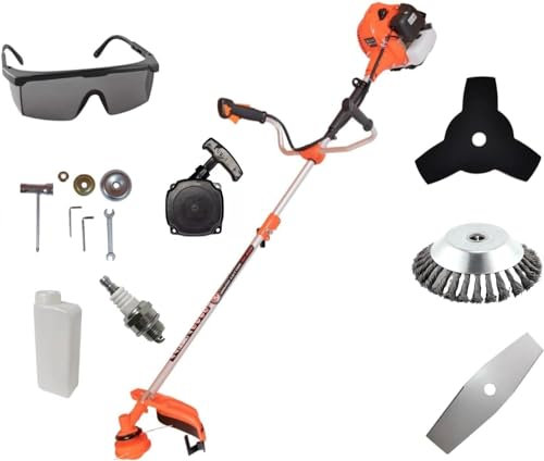 KNakasaki | Desbrozadora Gasolina Profesional Multifunción, con Accesorios, 65CC Motor 2 Tiempos (Cuchilla de 3 Puntas, Manillar de Agarre Doble, Regulador Potencia, Sistema Easy-Start)