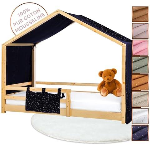 Lovely Hippo Tenda Letto Bambini 100% Cotone - Tenda Letto Montessori per Letto Bambini 80x160 e 90x190cm - Modelo 2 (Blu notte/oro + Astuccio, 97 x 402 cm + Astuccio)