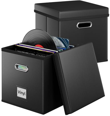 Aolawco 2 Stück CD Aufbewahrungsbox für Schallplatten, CD-Boxen aus Leder, faltbare LP-Aufbewahrungsboxen für bis zu 100+ einzelne Schallplatten, Schallplatten-Organizer für Alben, Schwarz (13 Zoll)