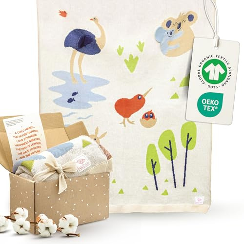 Merle Toys® Babydecke Baumwolle, 100% Bio - GOTS & Oeko-TEX Zertifizierte Strickdecke, Baby Decke für Neugeborenen, Geschenke zur Geburt Mädchen & Jungen, Kuscheldecke Baby, Abenteuerfreunde 3D