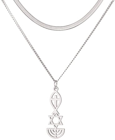 EUEAVAN Collier Sceau Messianique Sceau Messianique de Jérusalem Collier pendentif Etoile de David, Ichthus avec Croix, Menorah, Collier Etoile Juive Bijoux Religieux Hanukkah (argent superposé)