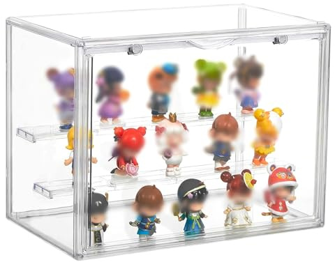 Pizsieat Vitrina Acrilica Vitrina Expositora para Colecciones 27*21*18cm Caja Metacrilato Transparente con Puerta Magnética + 2 Escaleras,para Coleccionables Figuras de Acción