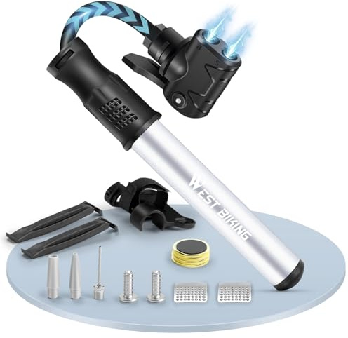 Minicykelpumpar med Presta & Schrader ventil, minihandpump, bärbar luftpump med reparationssats, snabb däckuppblåsningspump för väg- och mountainbikes, bollar etc. (silver)