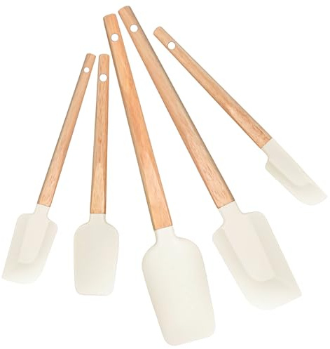 Rctiotuw New Year Healthy Cooking, Non-Stick Rubber Scraper Set of 5 Pieces - Food Grade Silicone Scraper, Soup Spoon Scraper, Baking Cooking Mix Frosting Scraper - 600°F Heat Resistant (Cream White)