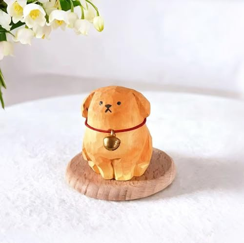 Xiyuelily Hand-Carved Wooden Golden Retriever Figurine – Cute Small Dog Statue with Wooden Base, Unique Collectible Pet Figure for Desk & Home Decor, Thoughtful Gift for Dog Lovers