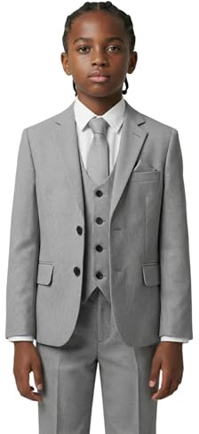 Boys' 7-Piece Self-Patterned Grey Suit Set – Slim Fit Wedding Special Occasion Outfit Sizes 14 Years UK