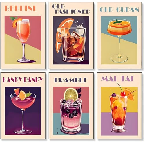 Fountor 6 Pack Paint by Numbers Kit for Adults Beginner, Cocktail Adult Paint by Number Kits on Canvas Without Frame, Cocktail Oil Painting by Numbers for Home Decor Gift 8” W x 12”L