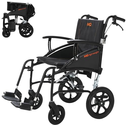 MobiQuip Lightweight Transit Wheelchair, 12kg - Narrow 16 Seat | Aluminium Folding Black Frame - Portable, Attendant-Propelled with 12” Puncture-Proof Tyres & Brakes, Compact for Travel