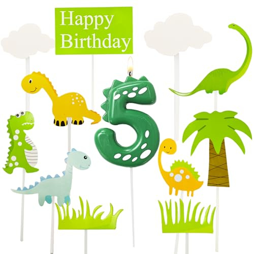 DazzJoy Dinosaurie födelsedagsljus 5,12 stycken Dino tårtdekoration 5 födelsedag med 1 styck dinosaurie-födelsedagsljus siffror 5, ljus 5 födelsedag flicka, dinosaurie Happy Birthday Cake topper