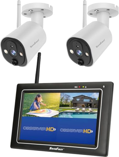 SecuFirst Kit de Caméra de Surveillance Extérieure avec Moniteur Intérieur, 7 Écran Tactile avec Stockage Extensible de 2 to, 2X Babyphone Caméras Extérieures 2K,Fonctionne sans Wi-FI,32 Go Carte SD