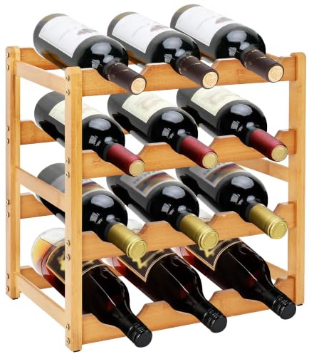awagas 12 Bottles Bamboo Wine Rack, 4-Tier Wine Storage Rack Free Standing | Retro Wine Storage Holder for Countertop Kitchen Cupboard Bar, 33x24x35cm