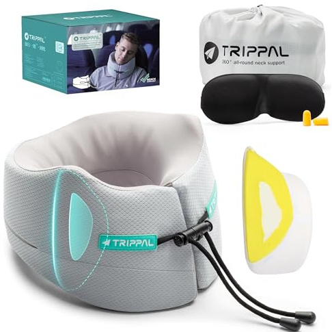 TripPal Travel Neck Pillow for Airplane: Neck Brace-Like Support 360° Chin Lock for Men in Middle Seat Sleep - Zero Head Slumping into Strangers - 8-Hour Upright Sleeping Without Neck Pain