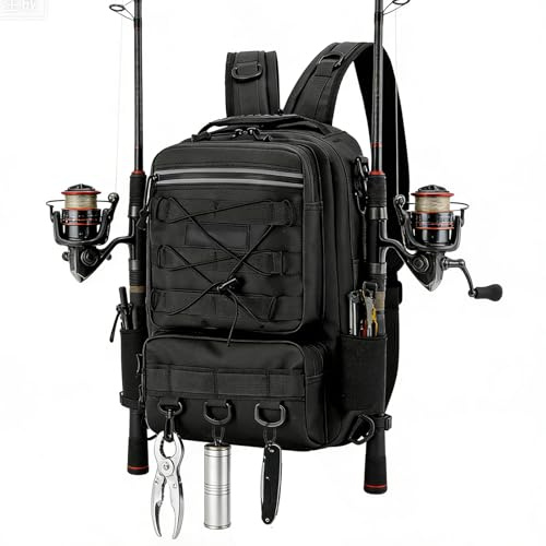 Mekturm Fishing Backpack Sling Bag, Fishing Tackle Backpack with Rod & Gear Holder, Zipper Waterproof Tackle Bag, Sling-Fishing Gear Bag, Multi-Pocket Rucksack for Hiking Camping Travel