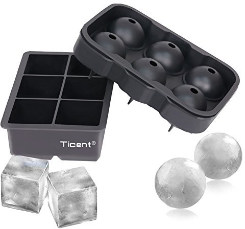 Ticent & Co Silicone Ice Cube Trays (Set of 2), Sphere Ice Ball Maker with Lid & Large Square Moulds, Reusable & BPA Free