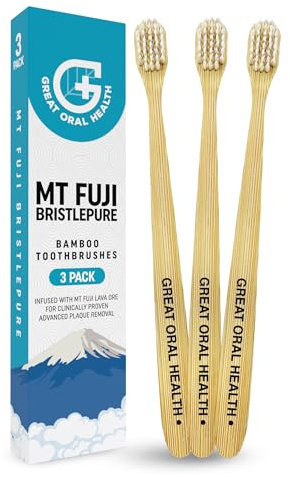 Bamboo Toothbrushes Multipack for Adult 3 Pack: BristlePure Soft Bristle Natural Toothbrush with Mt Fuji Lava, Emits Negative Ions for Superior Plaque Removal, Wooden Manual Tooth Brush