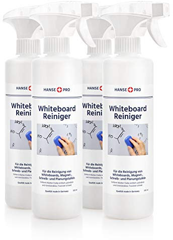 HANSE PRO Whiteboard-Reiniger, 4 x 500 ml I Cleaner I Löscher I Reinigungs-Spray I Tafel-Reiniger I Zubehör I mit praktischem Sprüh-Kopf