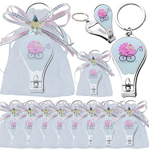 WE 12 PCS Stroller Image Baby Shower Keychain with Nail Clipper and Opener Party Favor with Decorated Bags