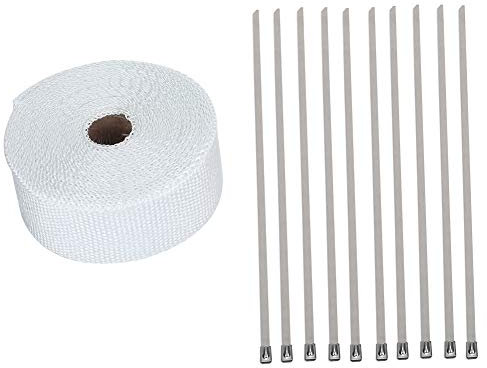 Qiilu Hitzeschutzband auspuff Auspuff hitzeschutzband aus glasfasermatte Weiß 10m x 5cm x 1.5 mm mit 30cm Metallstreifen 10-Stück