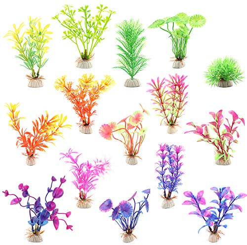 Huayue 15 Pièces Plantes d'Aquarium Décoration, Plantes Plastique Aquarium Artificielle Plantes d'Ornement pour Aquarium Plante Aquatique Plastique avec Différentes Tailles Couleurs Et Formes