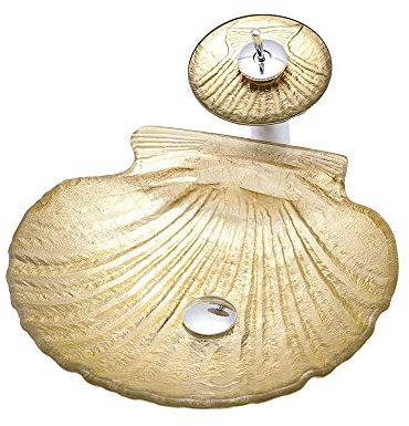 HomeLava Luxueuse Vasque Lave-Mains Lavabo à poser or en verre trempé forme coquillage avec robinet pour salle de bains 45x11cm
