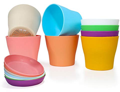 Happybase 6.7 inch Plant Pots, Plastic Planters Indoor Set of 8 Flower Plant Pots with Drainage and Saucer for All House Plants, Flowers, Herbs, Succulents and Hanging Plants (8 Colors)