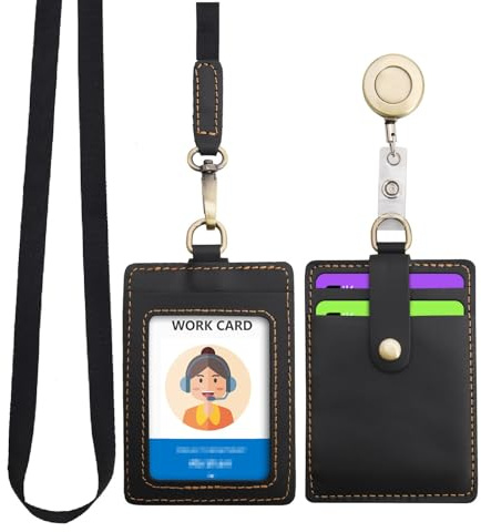 Wonderpool Cuero Colgantes Tarjetas identificación Tarjetero Estuche con Correa Cuello Lanyard Llavero Extensible Retractil Para Moneda Llave&Oficina Escuela Hospital Exposición ID (Negro)