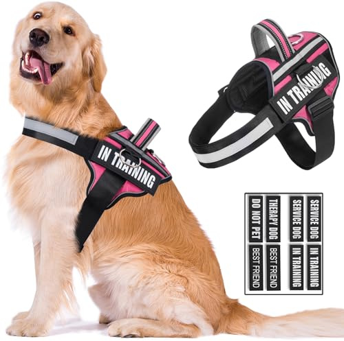 Reflective Dog Harness, Anti-Slip No Pull Dog Vest Harness with 8Pcs Dog Patches, Adjustable In Training Service Pet Harness for All Breeds, 3 Ring No-Choke Pet Oxford Vest for Small Medium Large Dogs