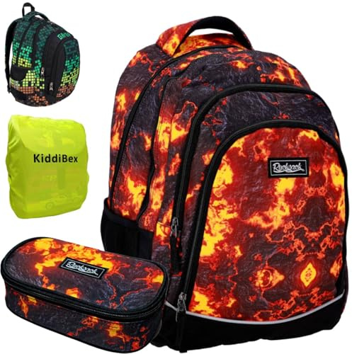 KiddiBex Schulrucksack Teenager Set 3 Teilig - Schulrucksack Jungen, Schulranzen Jungen ab 5. Klasse mit Brustgurt - Rucksack Schule, Schultasche - Ergonomischer Schulranzen (Lava)