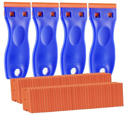 JVSEYTE 4 PCS Plastic Razor Blade Scraper and 120 PCS Plastic Razor Blades, Cleaning Scraper Tool for Remover, Adhesive, Stickers, Decals, Glass, Labels, Cars Windows